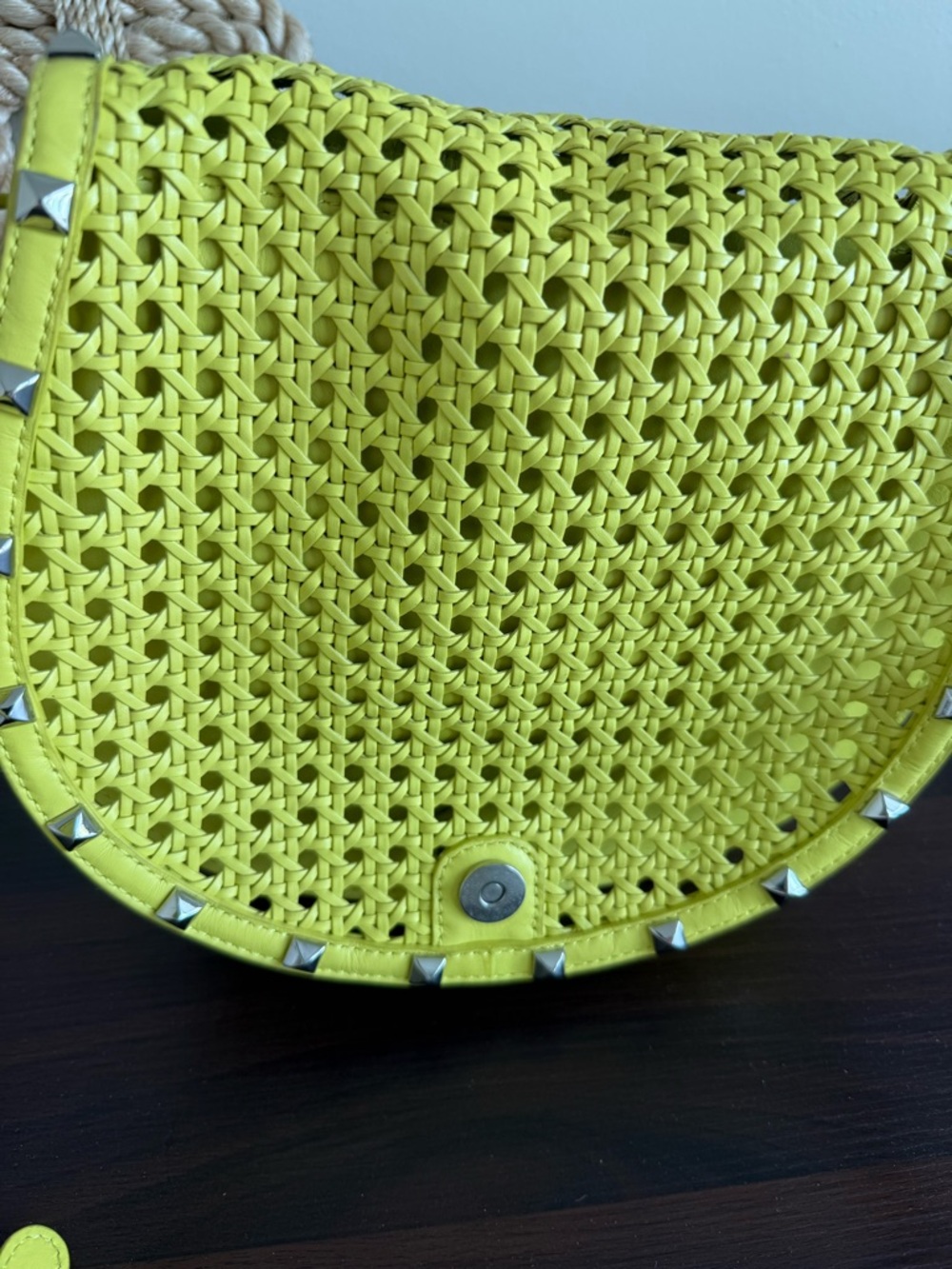 Rebecca Minkoff Neon Yellow Woven Saddle Crossbody with Silver Studs - Picture 3 of 6